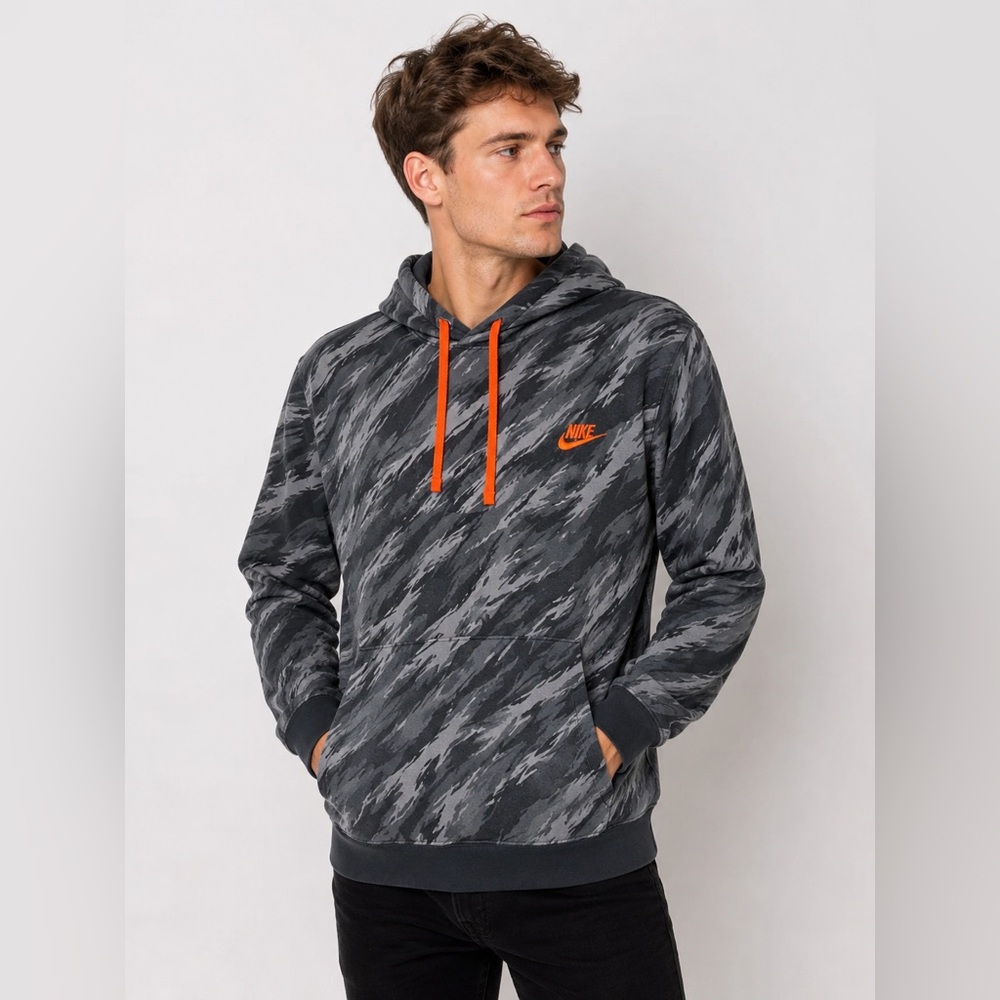 Nike Hoodie Mens Large Gray Camo Pullover Sweatshirt Logo Pocket